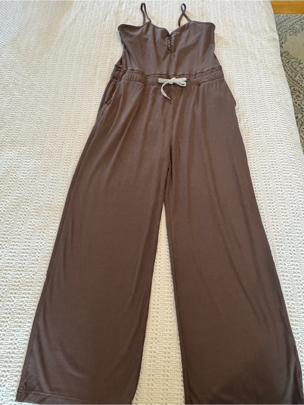 Vuori Pose Henley Jumpsuit Chocolate Brown Ribbed Wide Leg XL